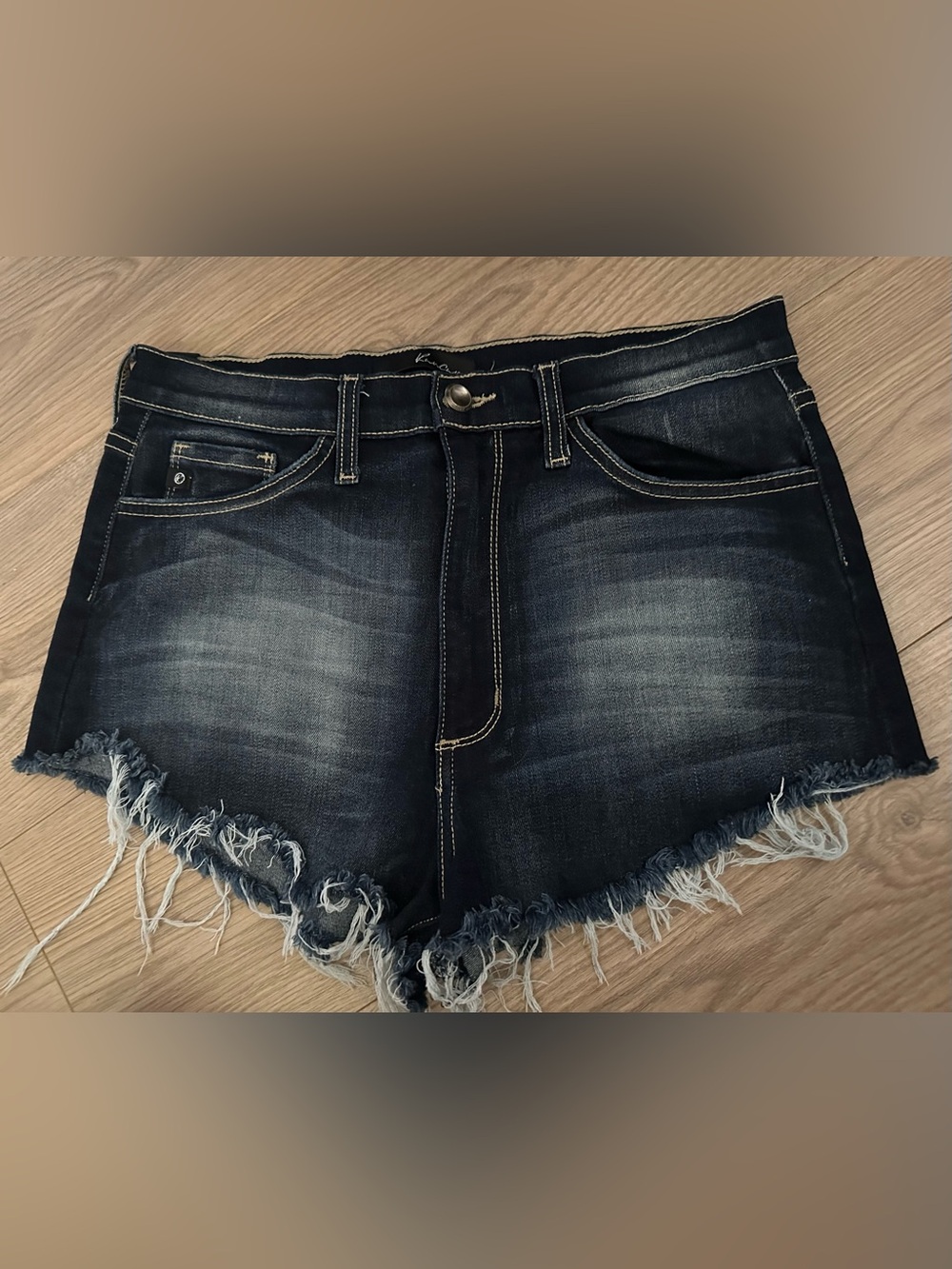 KanCan Dark Indigo Frayed Hem Denim Shorts
